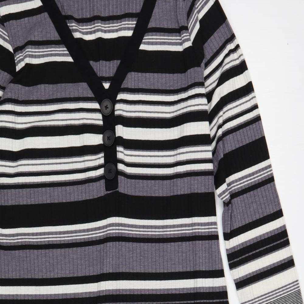 Primark Womens Grey Striped Polyester Bodycon Size 20 V-Neck Button