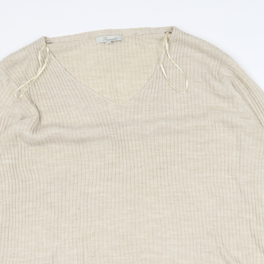 Peacocks Womens Beige V-Neck Acrylic Pullover Jumper Size 22