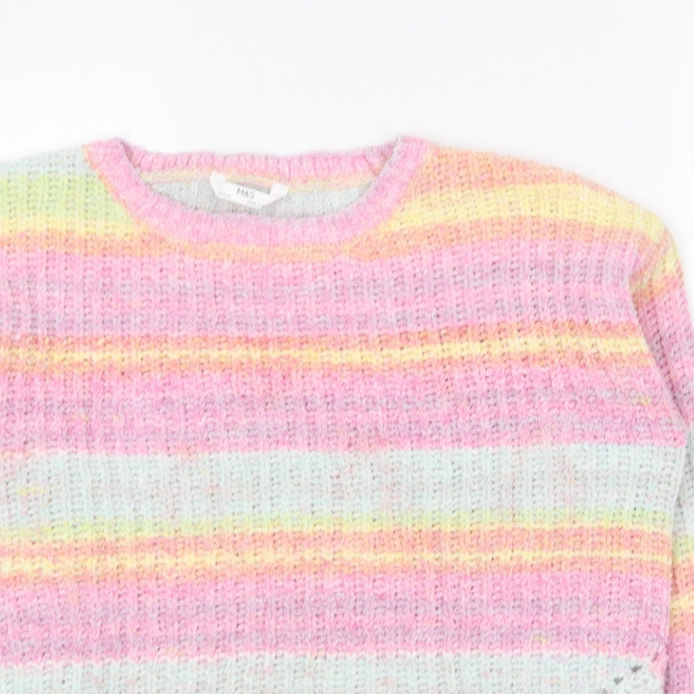 Marks and Spencer Girls Multicoloured Round Neck Striped Polyester Pullover Jumper Size 13-14 Years