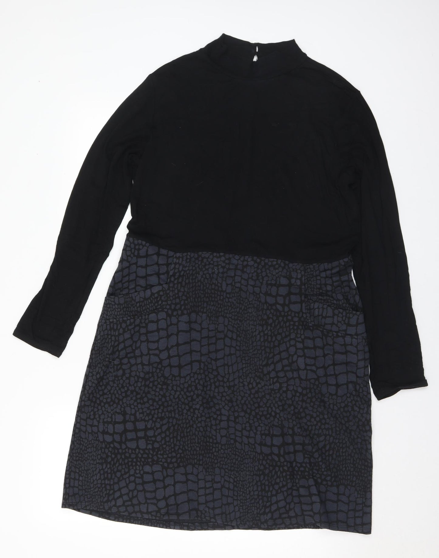Roman Womens Black Animal Print Viscose A-Line Size 14 Mock Neck