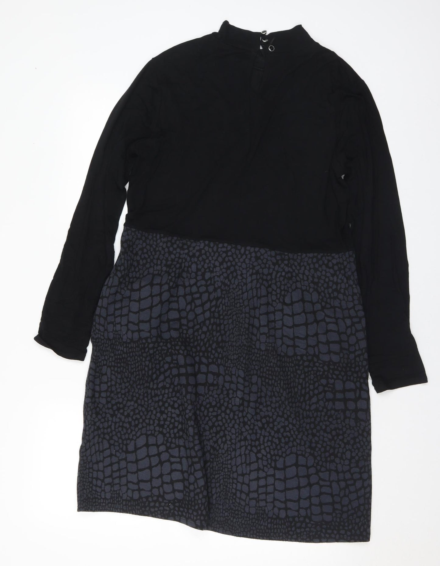 Roman Womens Black Animal Print Viscose A-Line Size 14 Mock Neck