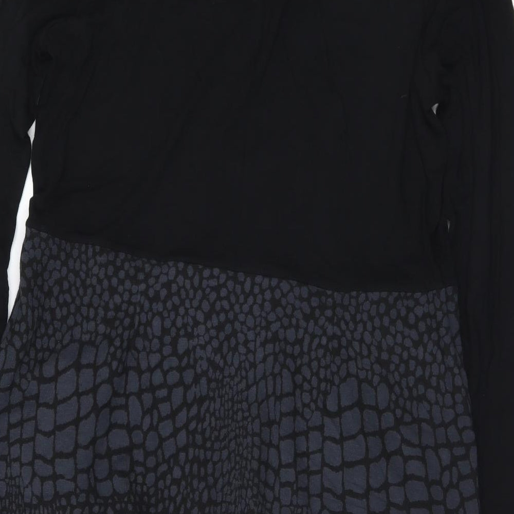 Roman Womens Black Animal Print Viscose A-Line Size 14 Mock Neck