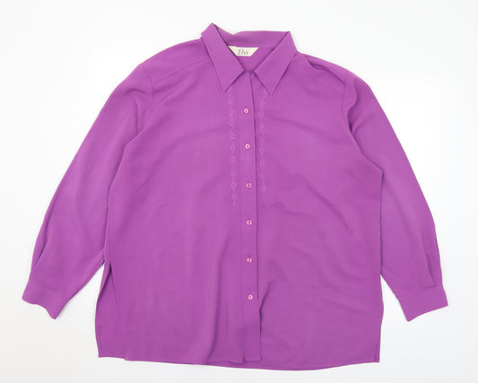 Front view of ELVI women’s purple floral polyester basic blouse, size UK 18, collared