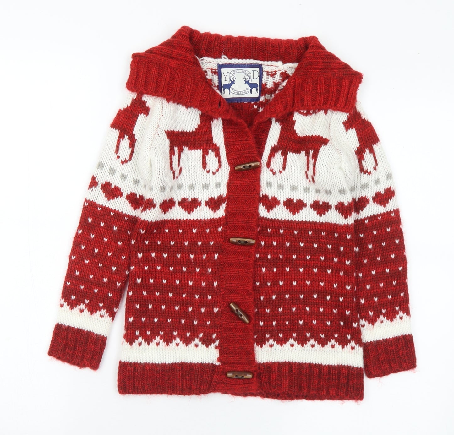 YD Girls Red Collared Geometric Acrylic Cardigan Jumper Size 7-8 Years Button