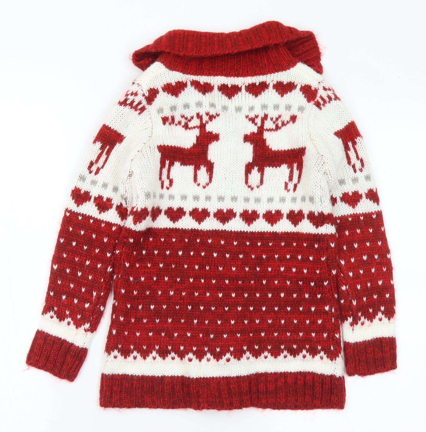 YD Girls Red Collared Geometric Acrylic Cardigan Jumper Size 7-8 Years Button