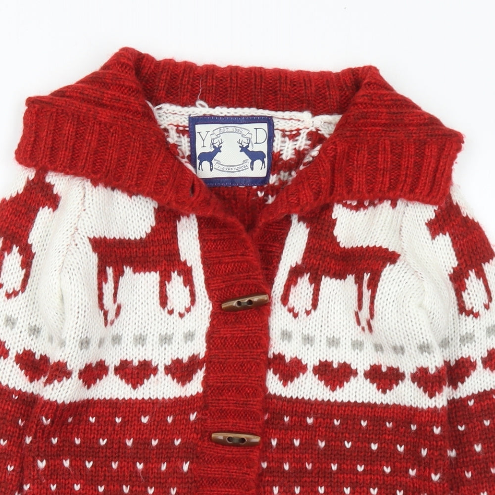 YD Girls Red Collared Geometric Acrylic Cardigan Jumper Size 7-8 Years Button