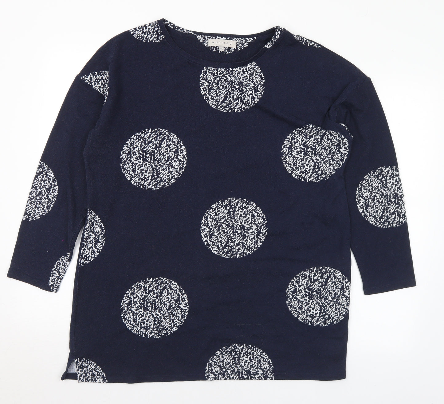 Nutmeg Womens Blue Round Neck Geometric Polyester Pullover Jumper Size 16