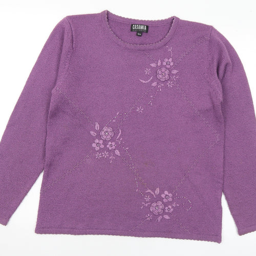 Casamia Womens Purple Round Neck Floral Acrylic Pullover Jumper Size S - S/M