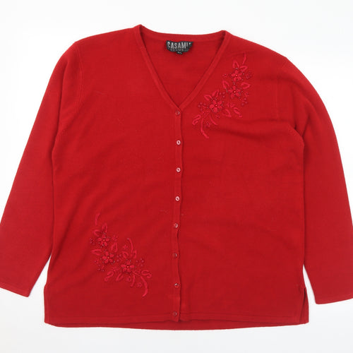 Casamia Womens Red V-Neck Floral Acrylic Cardigan Jumper Size M - M/L
