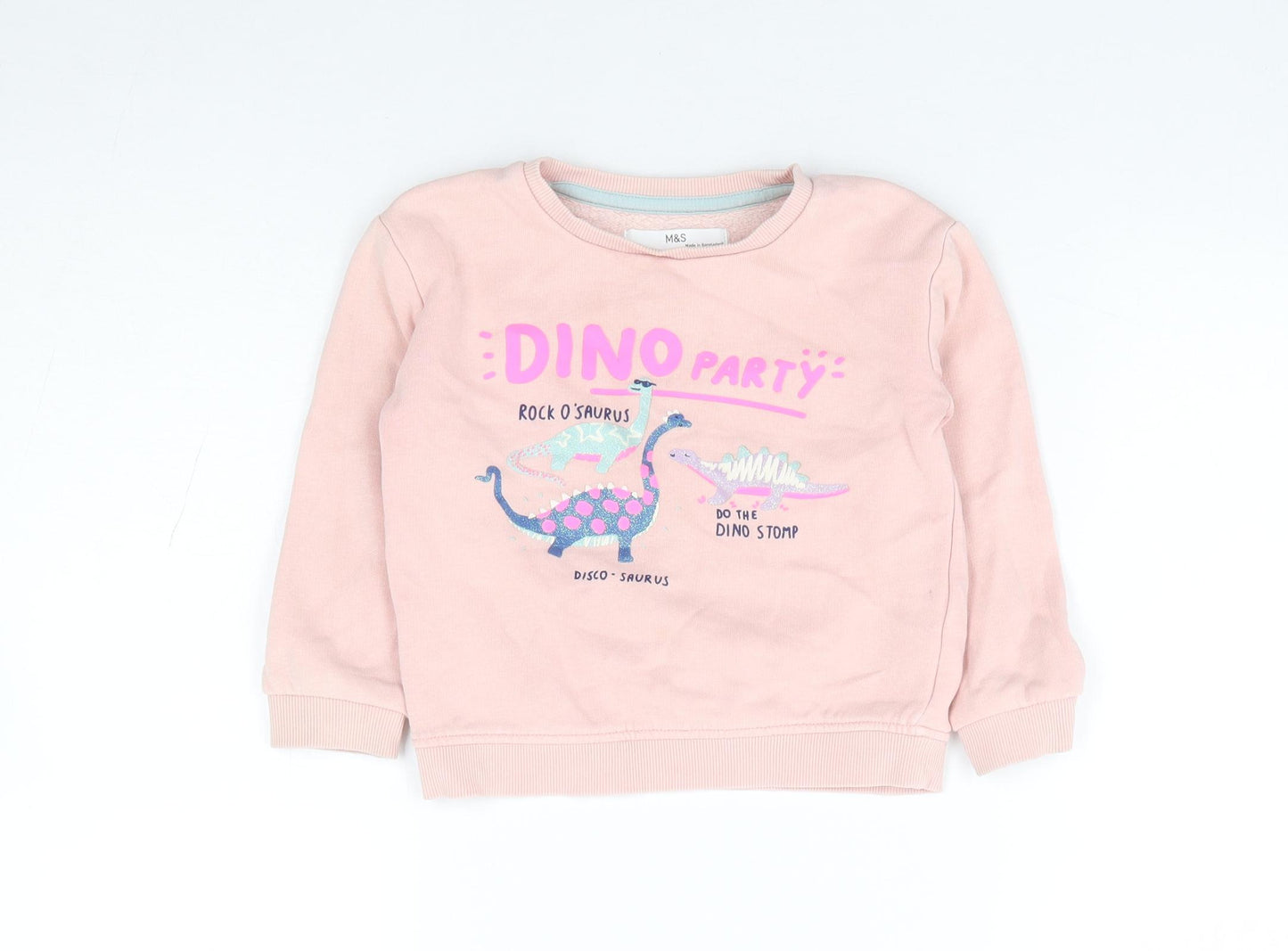 Marks and Spencer Girls Pink Cotton Pullover Sweatshirt Size 2-3 Years Pullover - Dinosaur