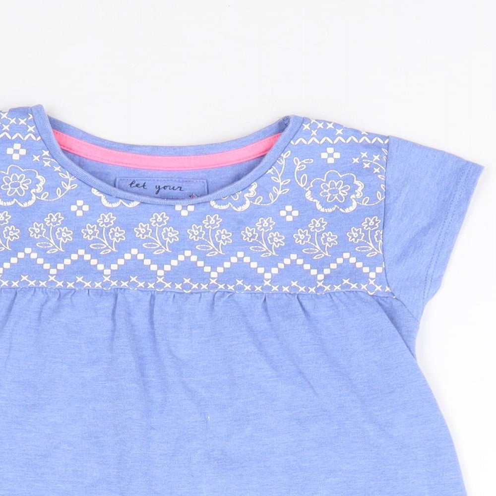 TU Girls Blue Floral Polyester Jersey T-Shirt Size 3-4 Years Crew Neck Pullover