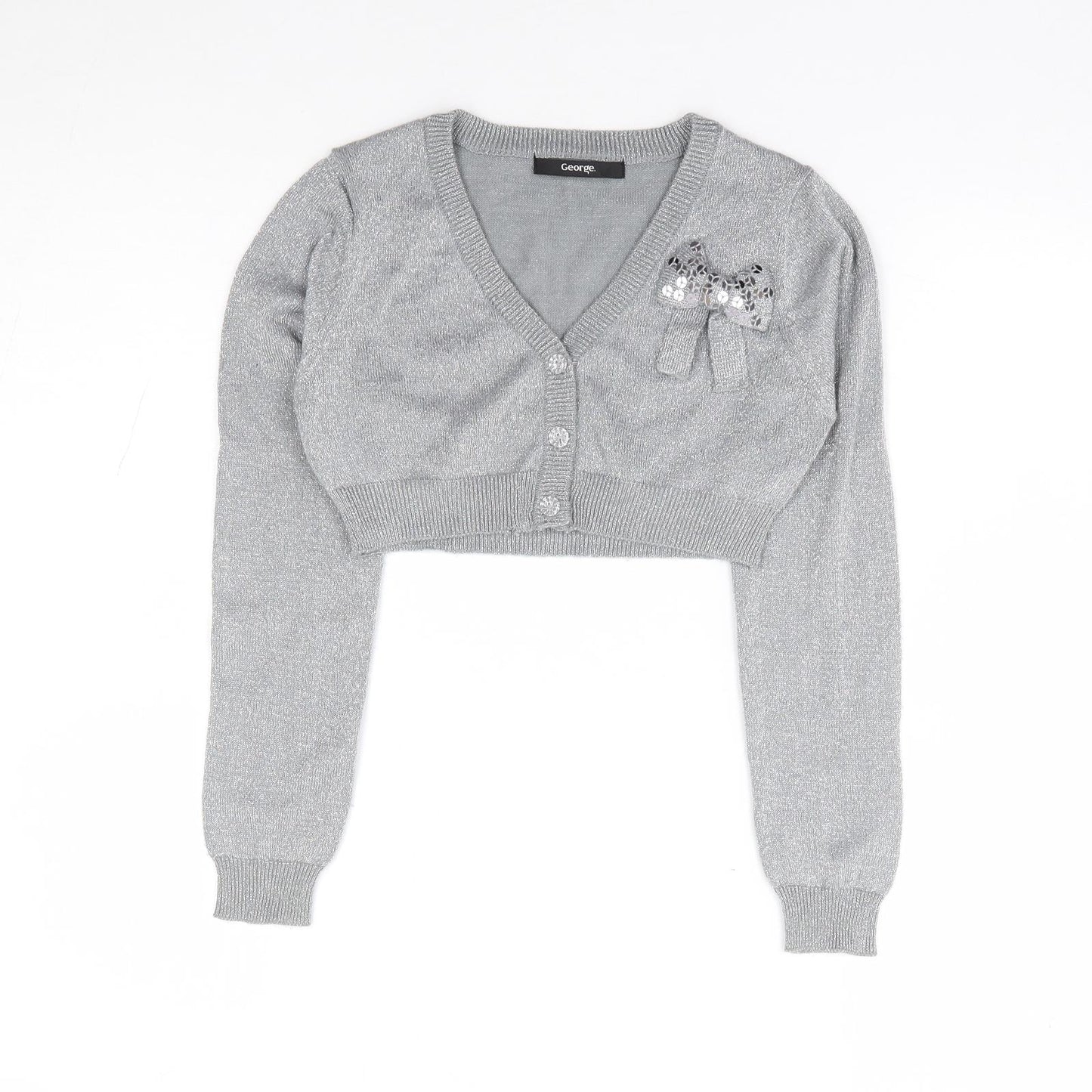 George Girls Silver V-Neck Acrylic Shrug Jumper Size 8-9 Years Button