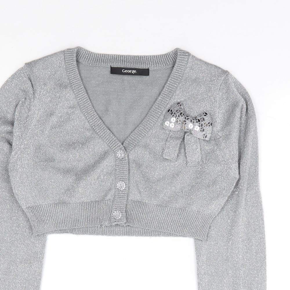 George Girls Silver V-Neck Acrylic Shrug Jumper Size 8-9 Years Button