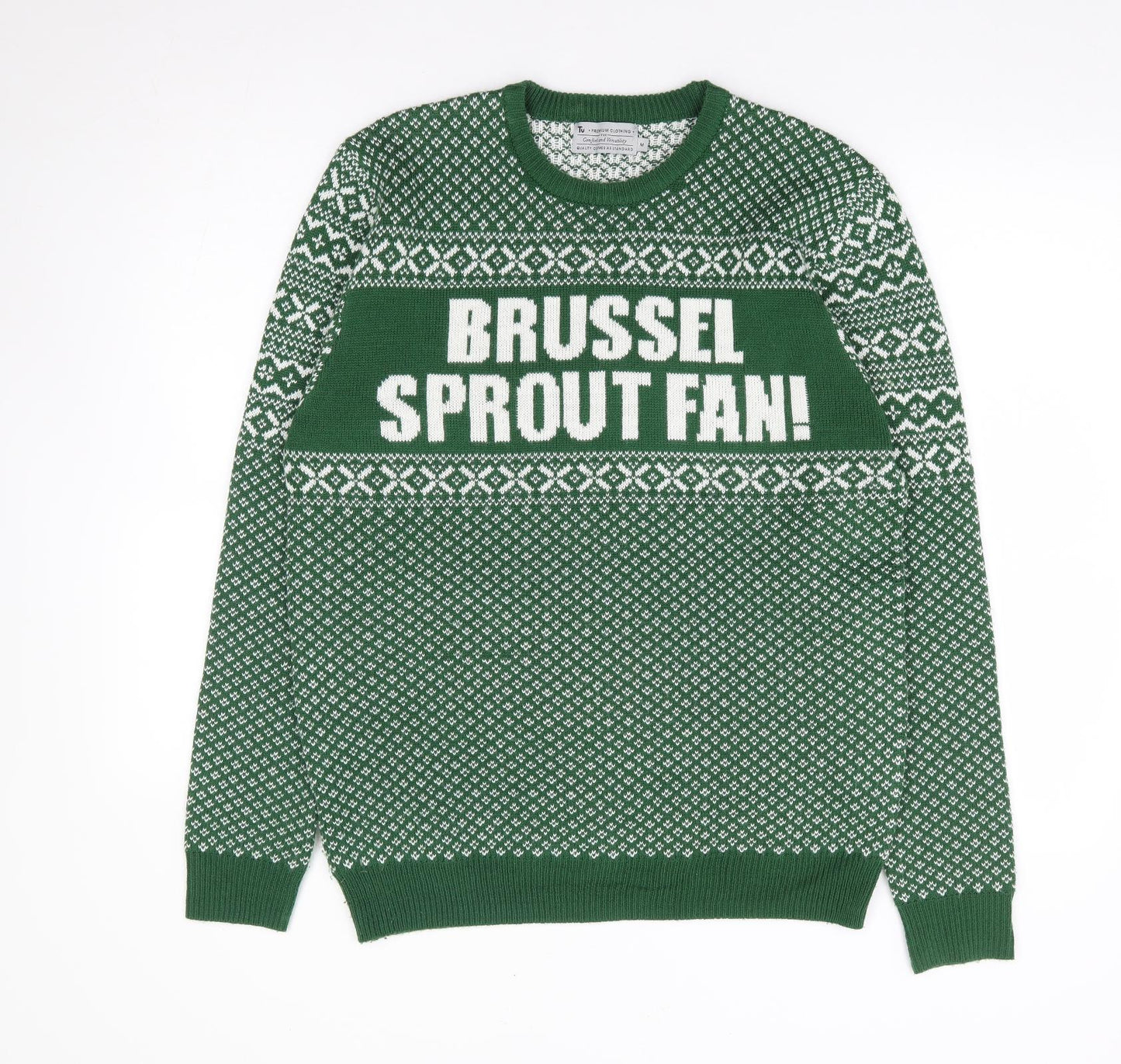 TU Mens Green Crew Neck Geometric Acrylic Pullover Jumper Size M - Christmas