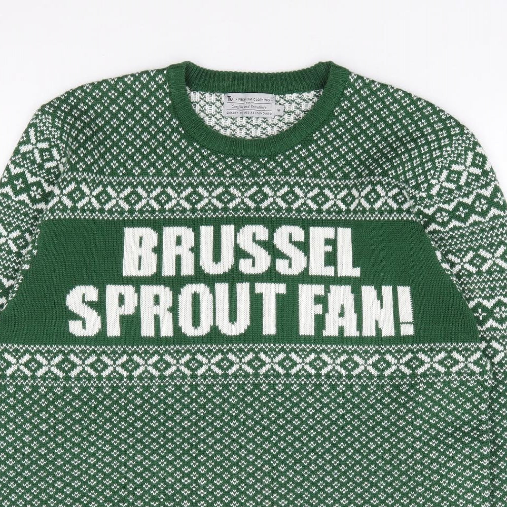 TU Mens Green Crew Neck Geometric Acrylic Pullover Jumper Size M - Christmas