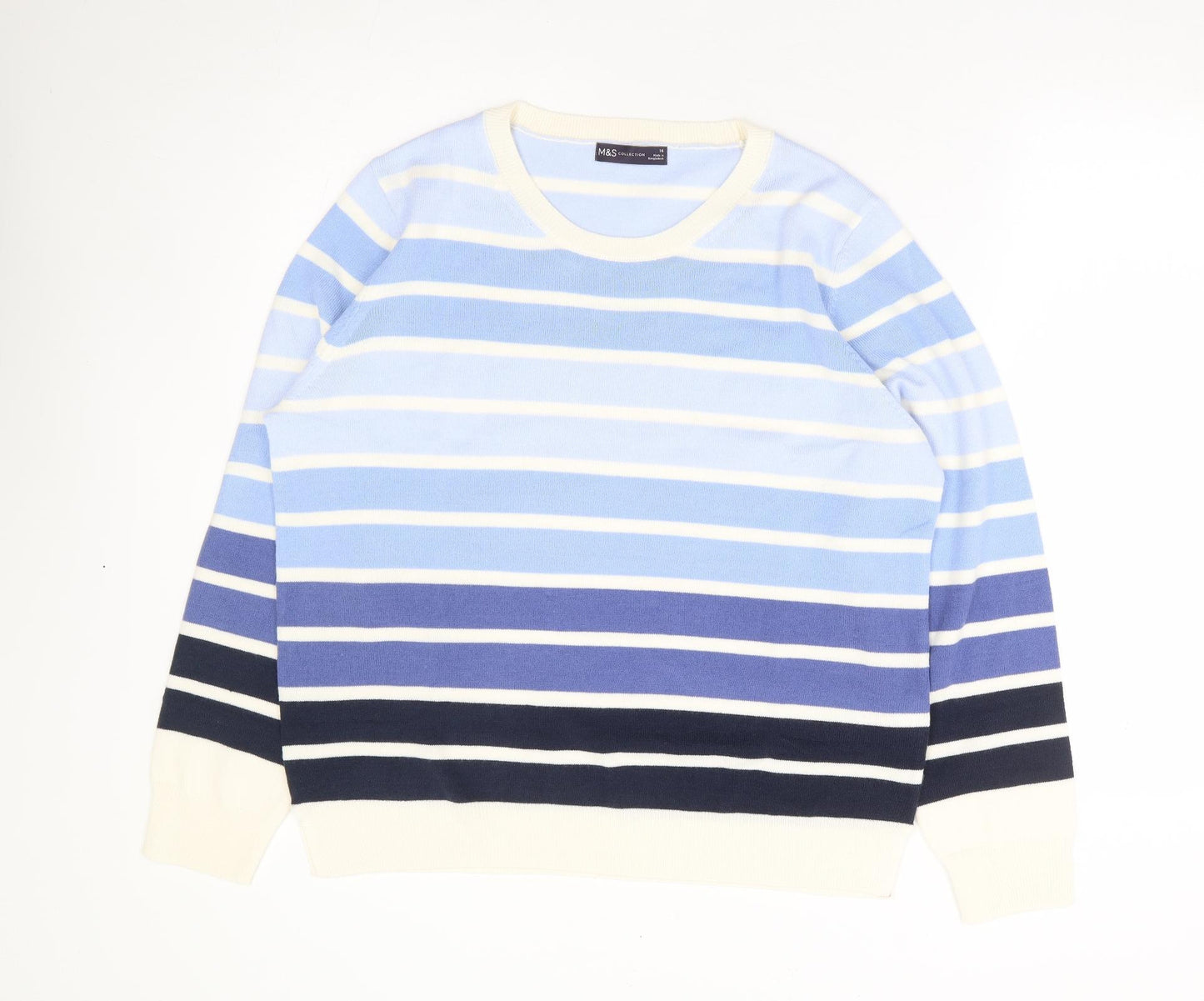 Marks and Spencer Womens Blue Round Neck Striped Acrylic Pullover Jumper Size 16