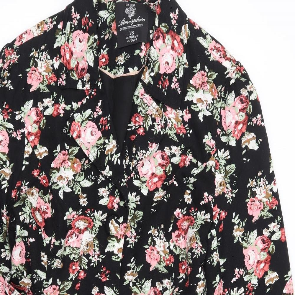 Primark Womens Black Floral Jacket Coat Size 18 Button