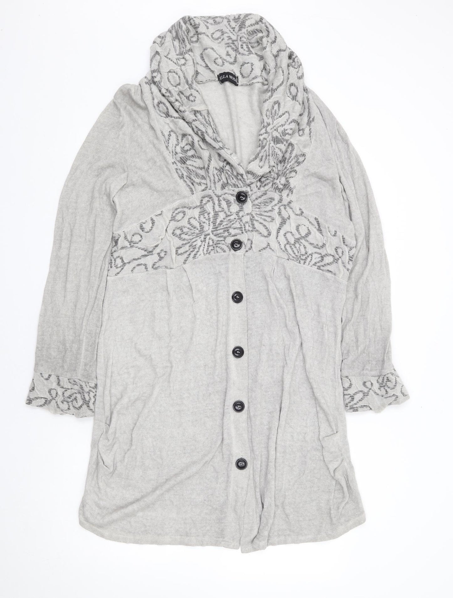 Ella Moda Womens Grey V-Neck Geometric Acrylic Cardigan Jumper Size L
