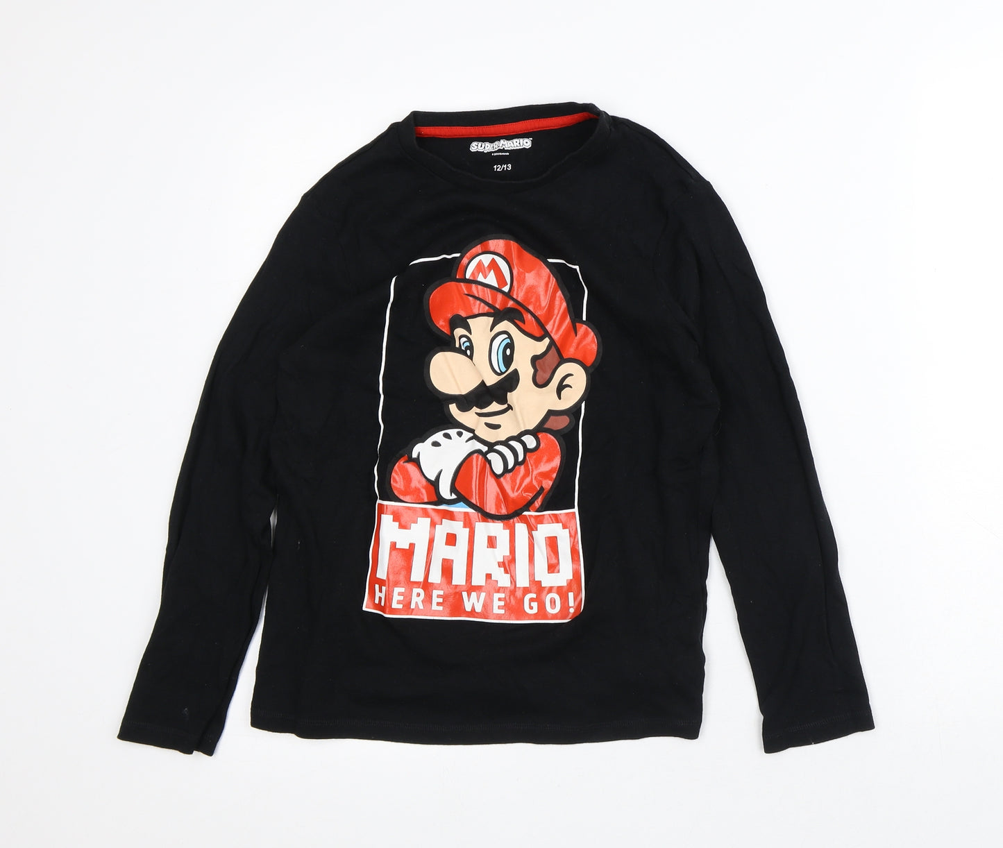 Super Mario Boys Black Cotton Basic T-Shirt Size 12-13 Years Crew Neck