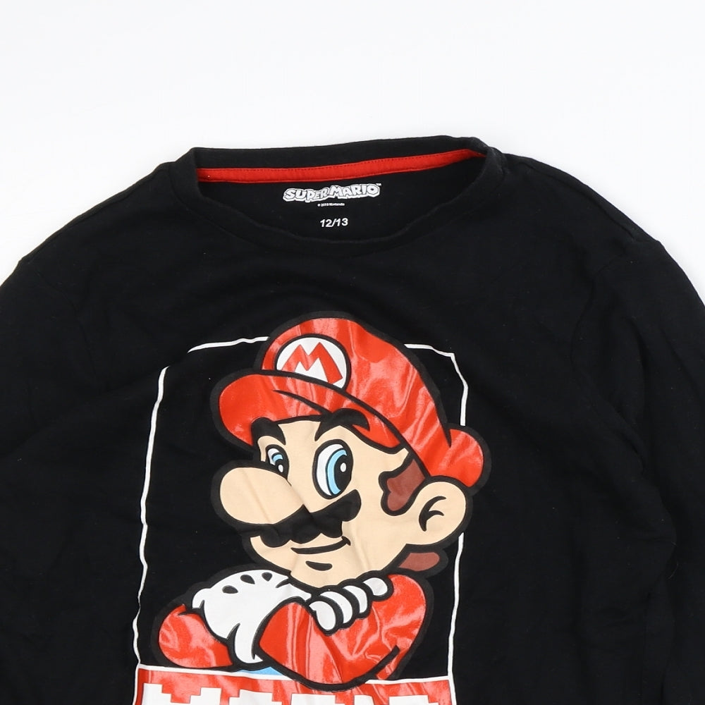 Super Mario Boys Black Cotton Basic T-Shirt Size 12-13 Years Crew Neck