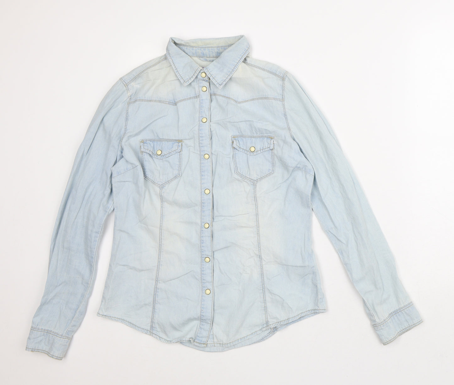 Denim & Co. Womens Blue Cotton Basic Button-Up Size 10 Collared