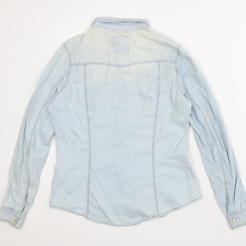 Denim & Co. Womens Blue Cotton Basic Button-Up Size 10 Collared