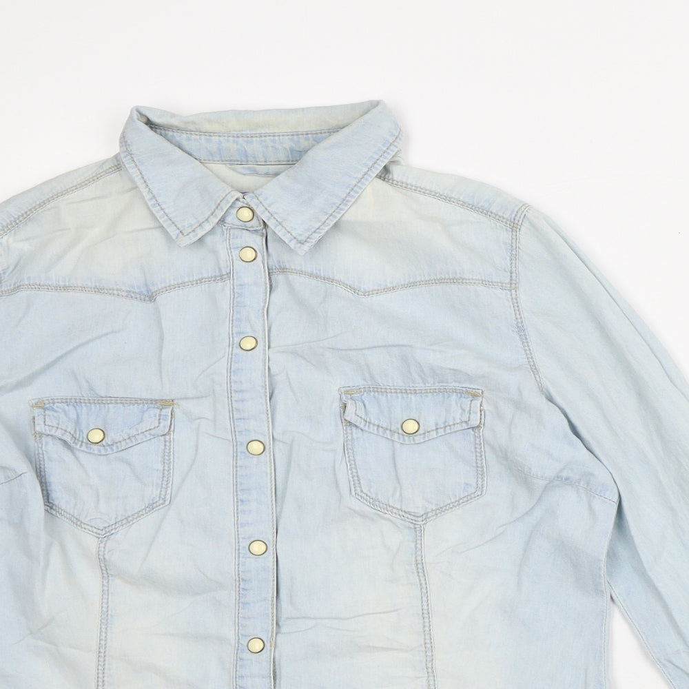 Denim & Co. Womens Blue Cotton Basic Button-Up Size 10 Collared
