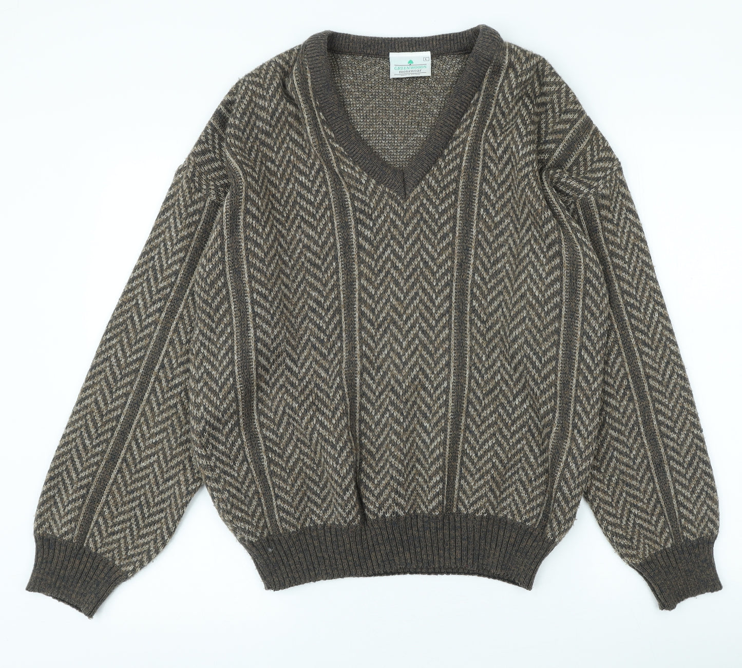 Green Woods Mens Brown V-Neck Geometric Acrylic Pullover Jumper Size L