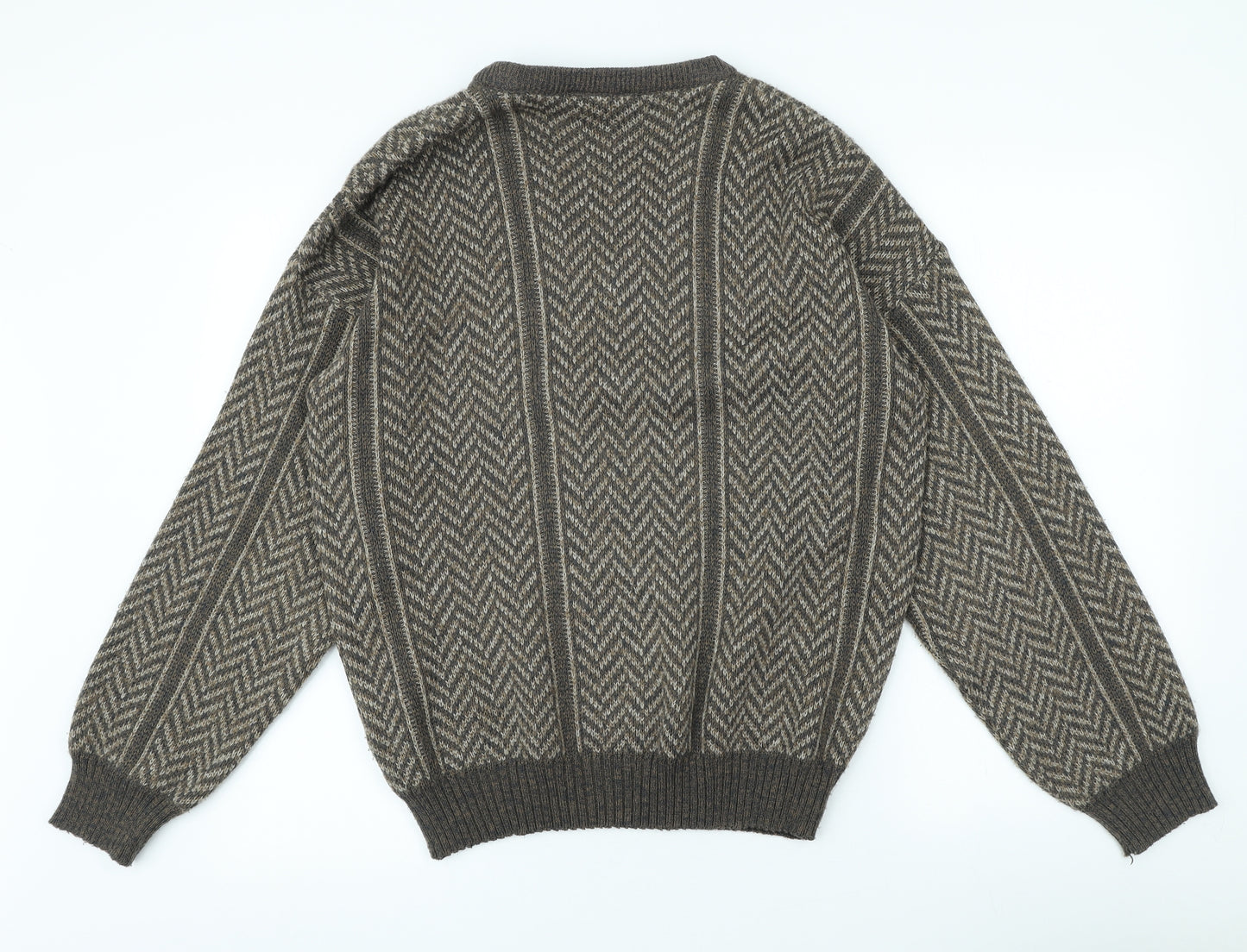 Green Woods Mens Brown V-Neck Geometric Acrylic Pullover Jumper Size L