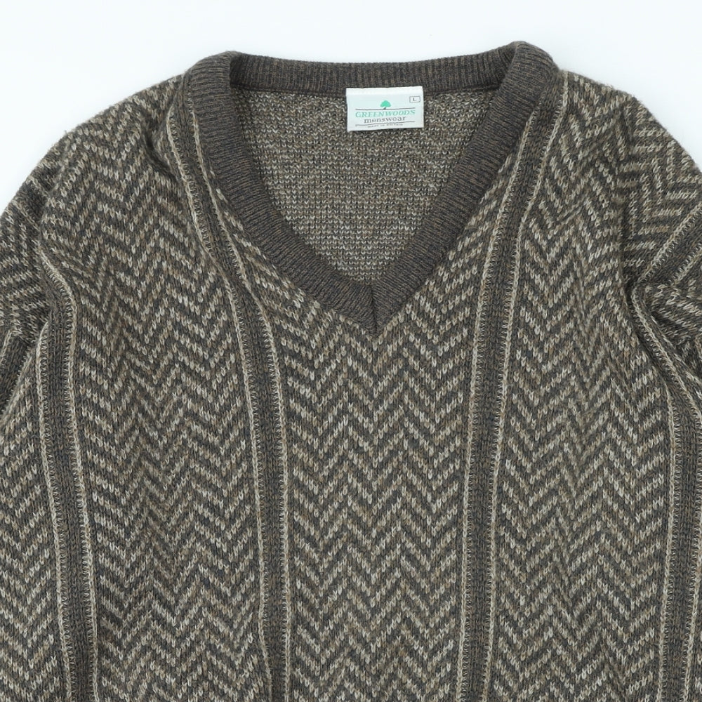 Green Woods Mens Brown V-Neck Geometric Acrylic Pullover Jumper Size L