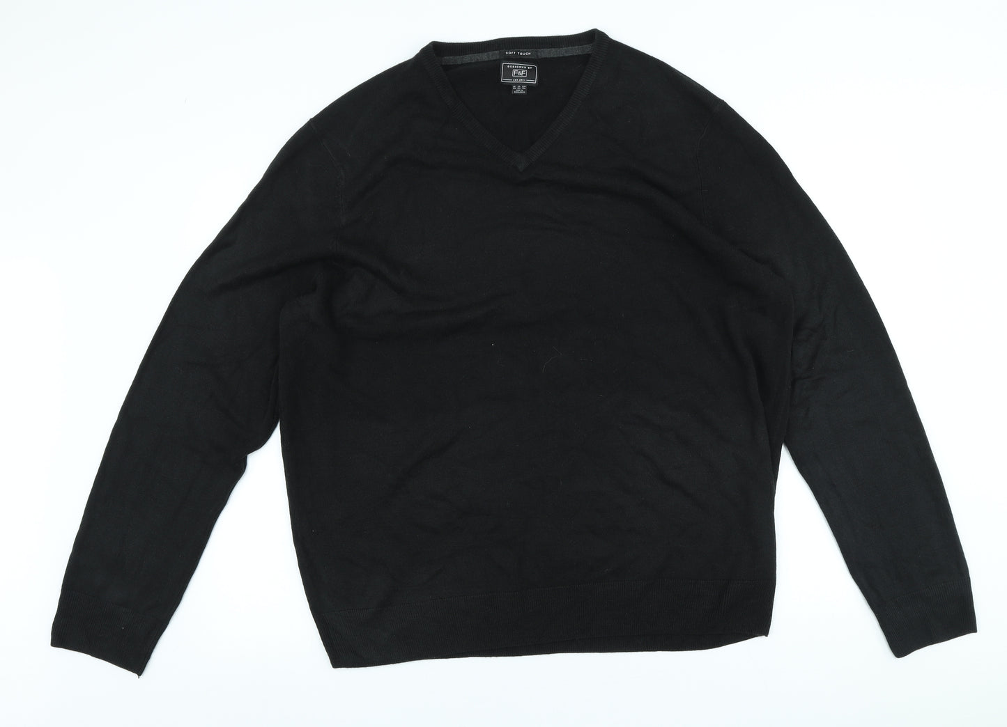 F&F Mens Black V-Neck Acrylic Pullover Jumper Size 2XL