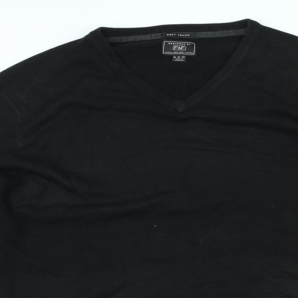 F&F Mens Black V-Neck Acrylic Pullover Jumper Size 2XL
