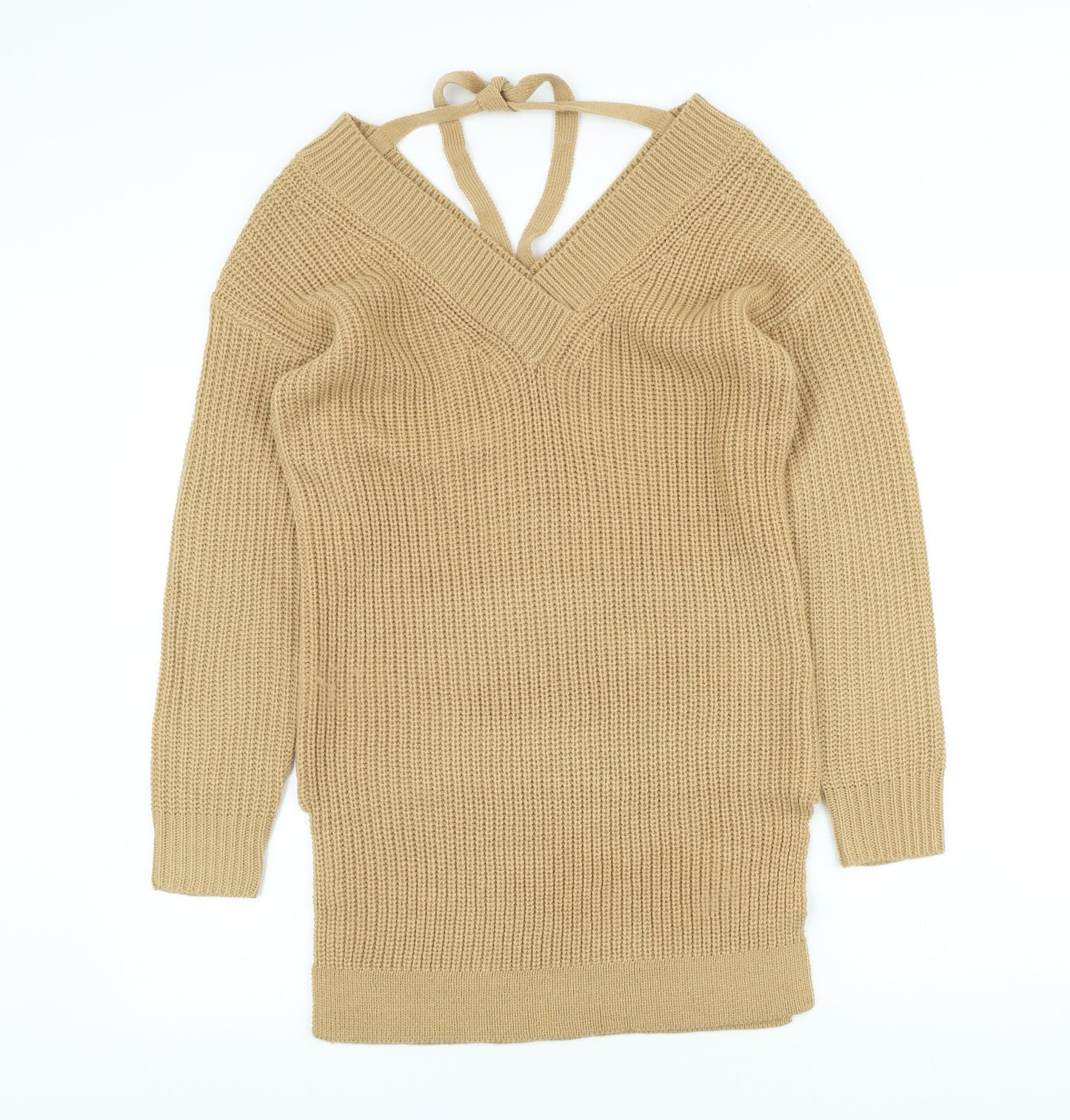 Dorothy Perkins Womens Beige V-Neck Acrylic Pullover Jumper Size XS