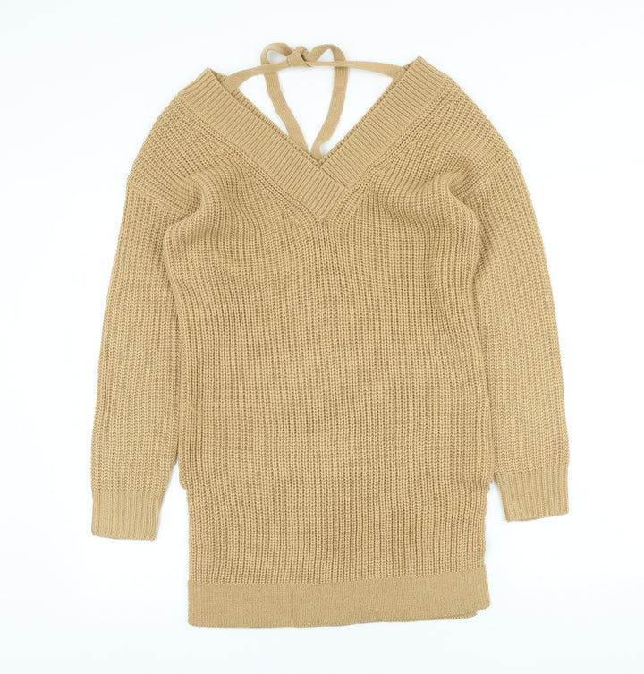 Dorothy Perkins Womens Beige V-Neck Acrylic Pullover Jumper Size XS