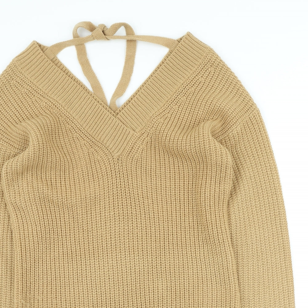 Dorothy Perkins Womens Beige V-Neck Acrylic Pullover Jumper Size XS