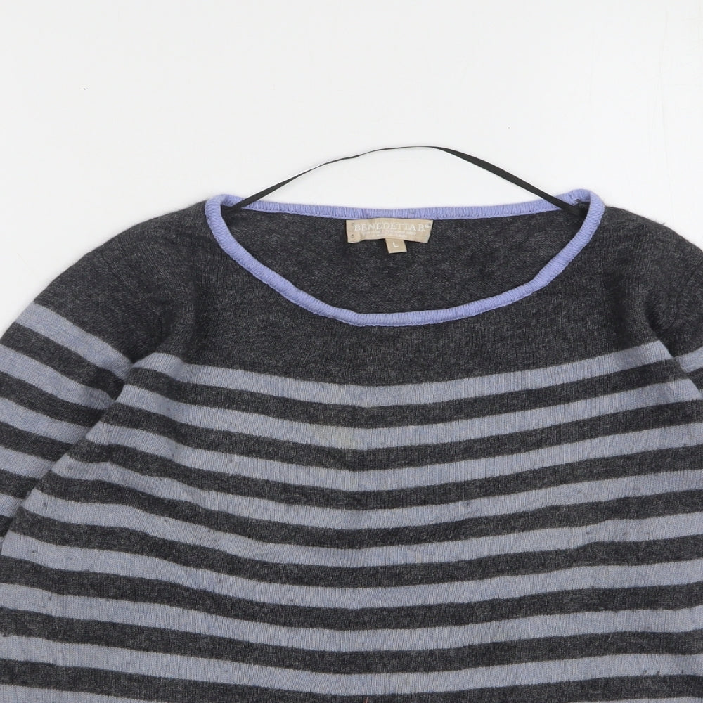 Benedetta B Womens Grey Round Neck Striped Wool Pullover Jumper Size L