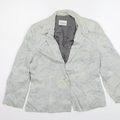 Grace Womens Blue Floral Viscose Jacket Blazer Size 12