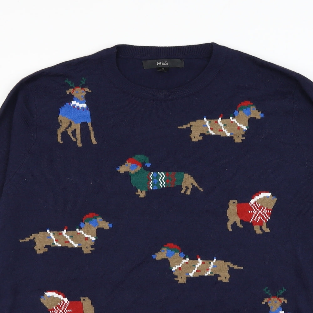 Marks and Spencer Mens Blue Round Neck Acrylic Pullover Jumper Size M - Christmas
