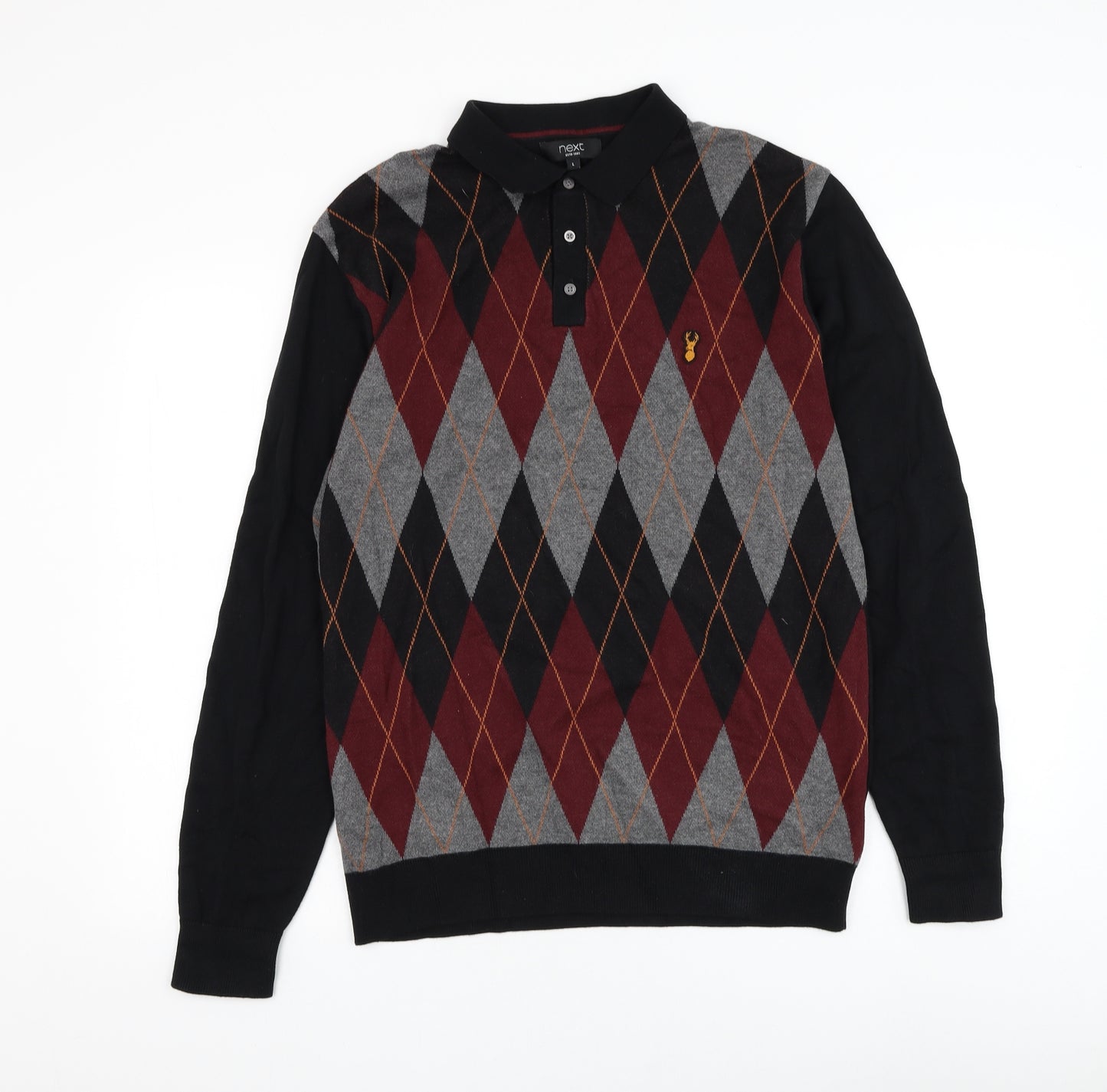 NEXT Mens Black Collared Argyle/Diamond Cotton Pullover Jumper Size L