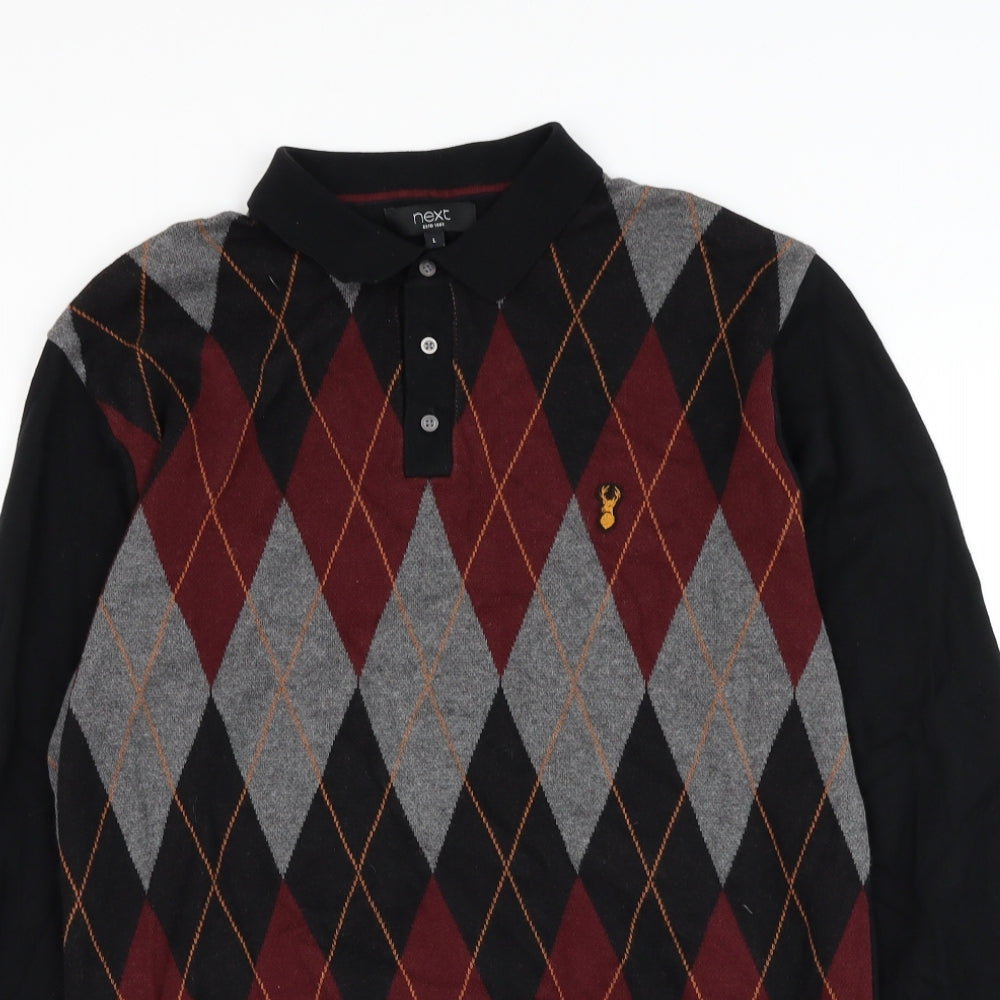 NEXT Mens Black Collared Argyle/Diamond Cotton Pullover Jumper Size L