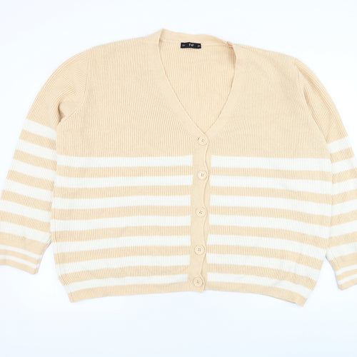 F&F Womens Beige V-Neck Striped Acrylic Cardigan Jumper Size XL