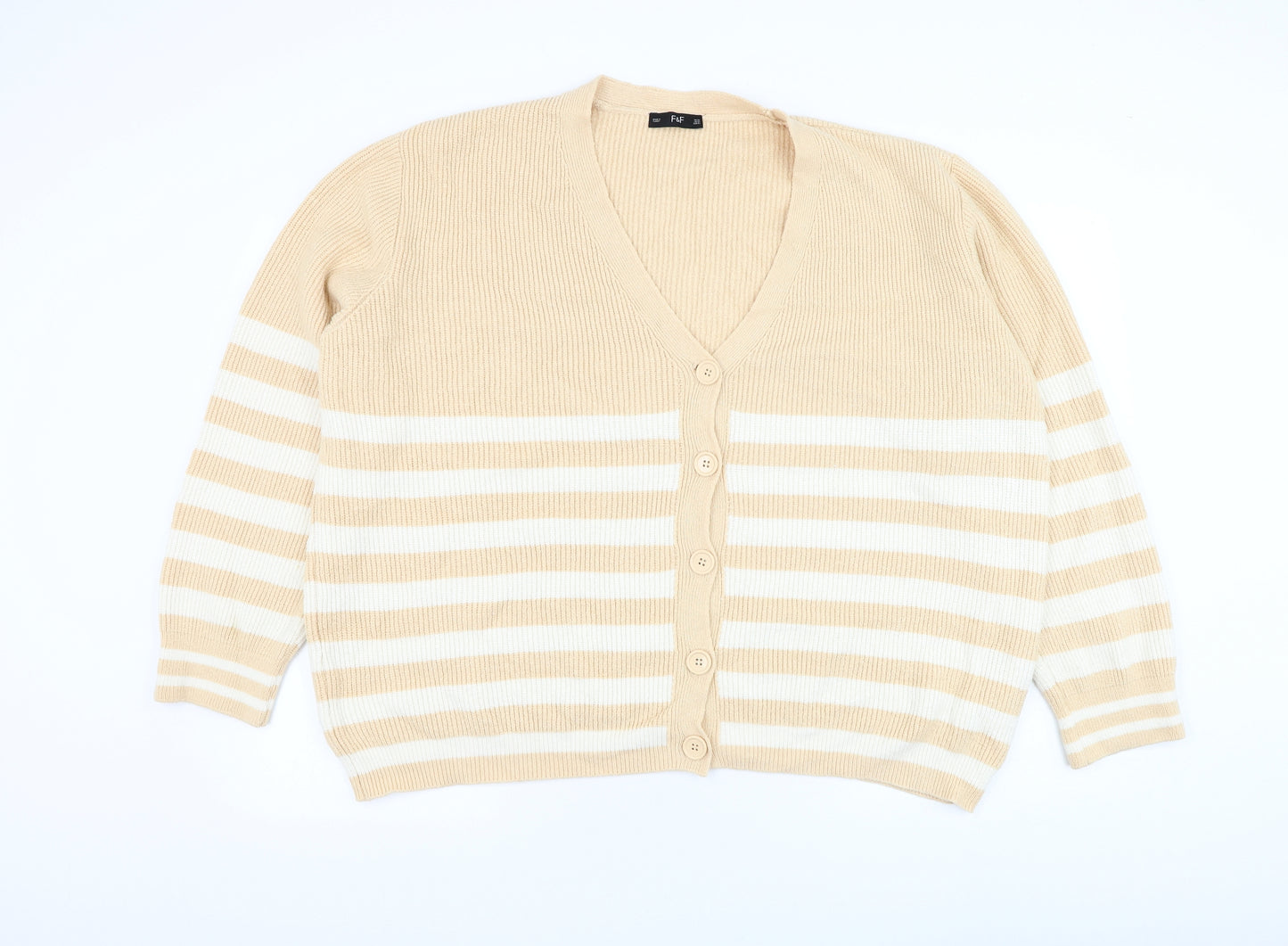 F&F Womens Beige V-Neck Striped Acrylic Cardigan Jumper Size XL