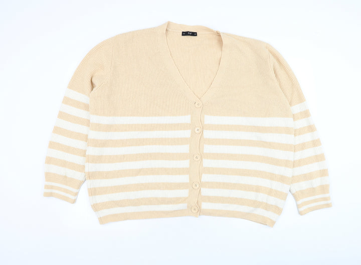 F&F Womens Beige V-Neck Striped Acrylic Cardigan Jumper Size XL