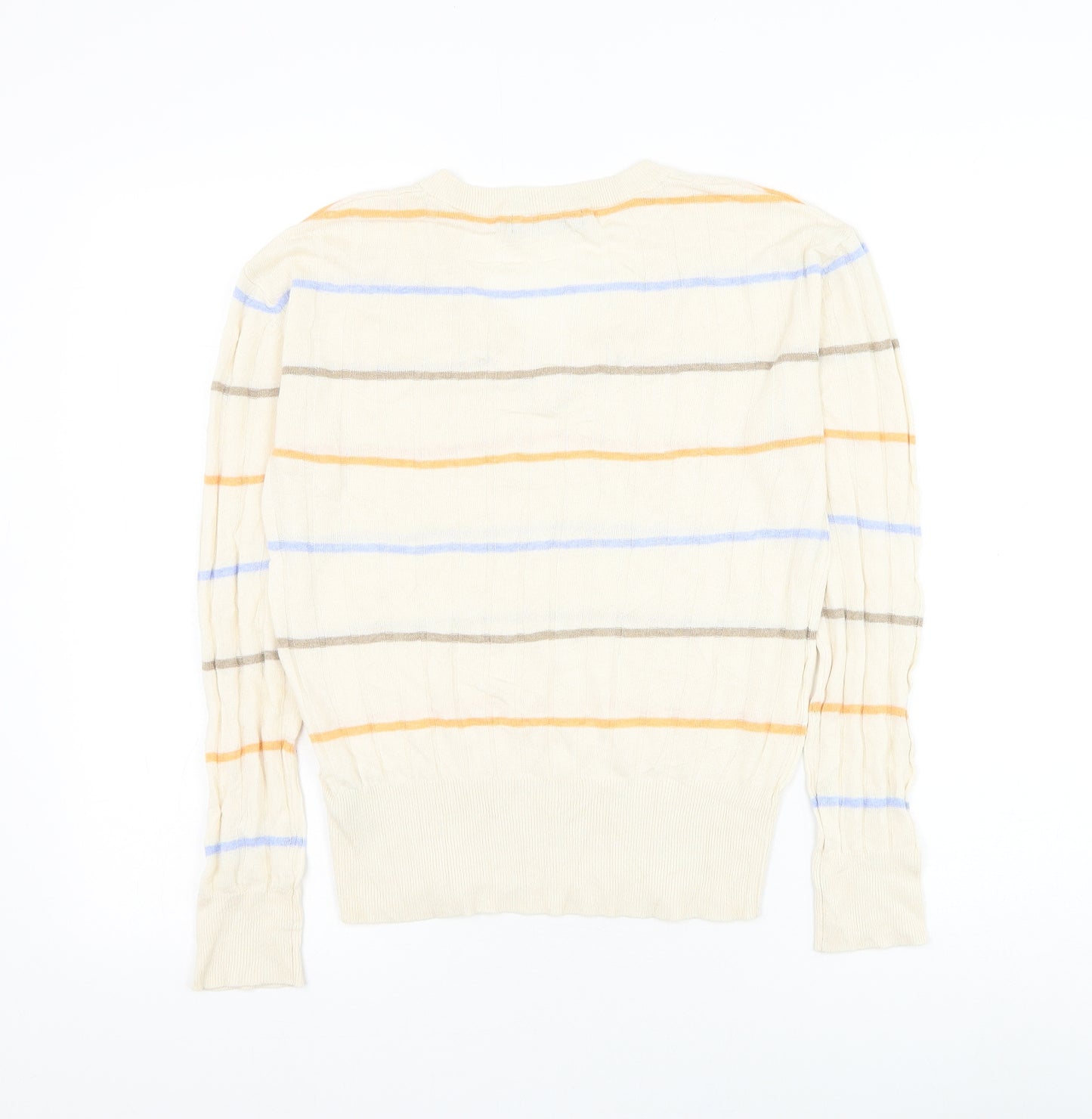 Marks and Spencer Womens Beige V-Neck Striped Viscose Pullover Jumper Size S