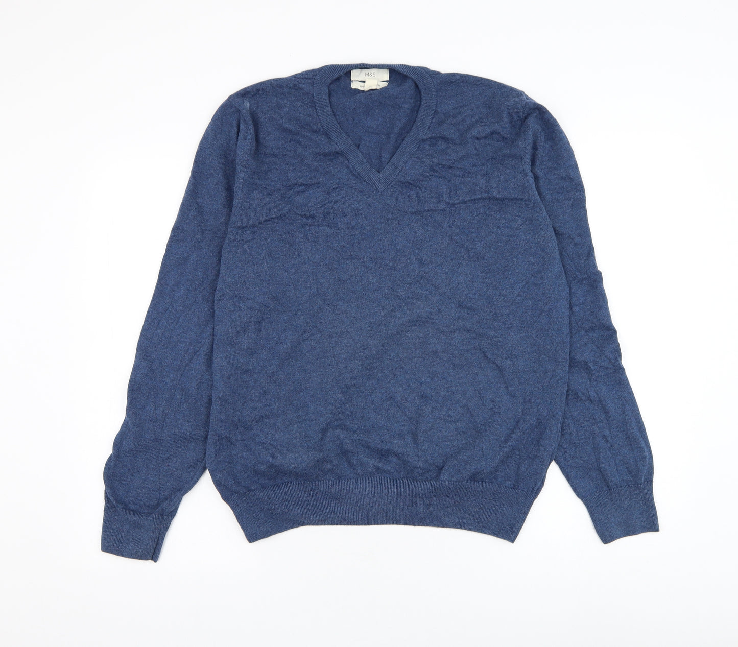 Marks and Spencer Mens Blue V-Neck Cotton Pullover Jumper Size L