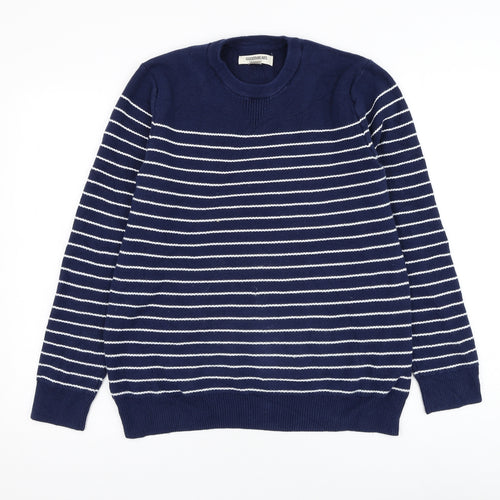 Good Threads Mens Blue Round Neck Striped Cotton Pullover Jumper Size S