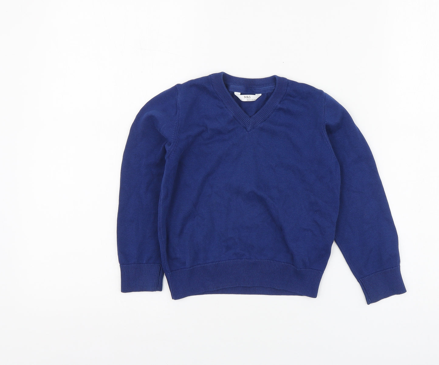 Marks and Spencer Boys Blue V-Neck Cotton Pullover Jumper Size 3-4 Years