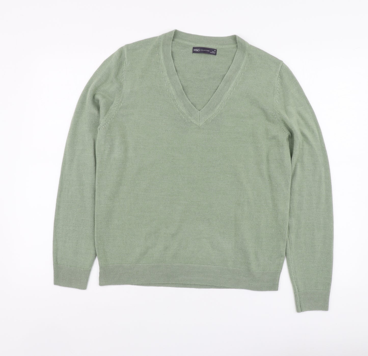 Marks and Spencer Womens Green V-Neck Acrylic Pullover Jumper Size M