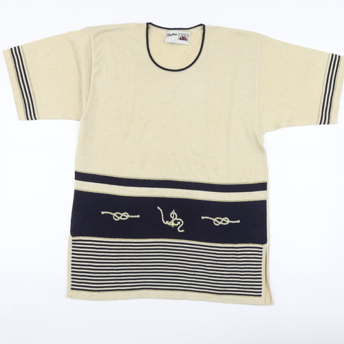 Stephen Womens Beige Striped Viscose Basic T-Shirt Size S Round Neck
