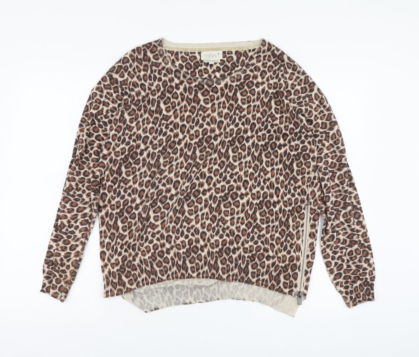 NEXT Womens Brown Round Neck Animal Print Cotton Pullover Jumper Size 14